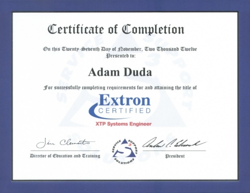 certyfikat Extron XTP Programmer
